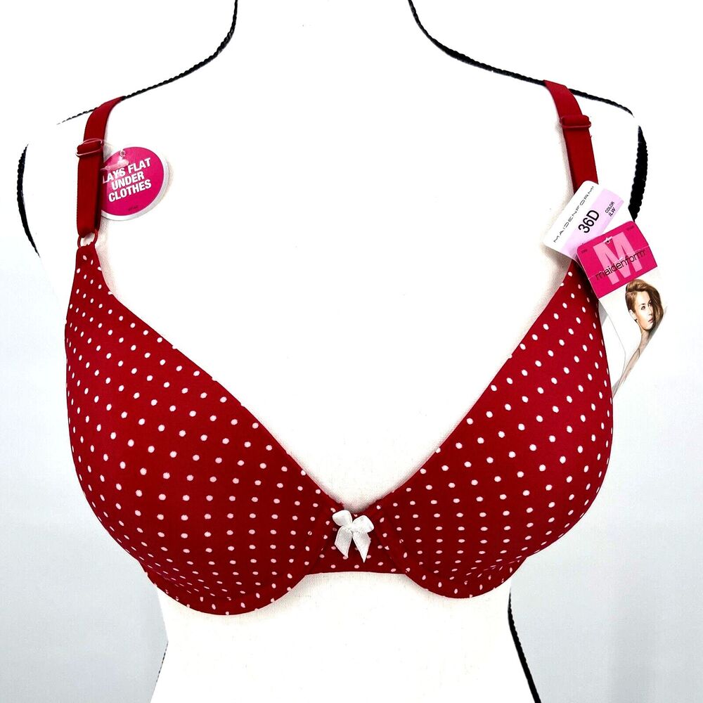 Maidenform 36D T Shirt  Bra Red with White Polka Dots Padded Underwire NWT
